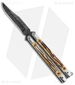 Bear Butterfly Knife W Stag Handle Damascus Blade (4" Plain) 517D