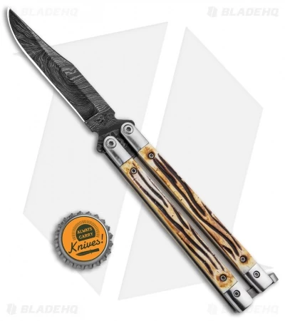 Bear Butterfly Knife W Stag Handle Damascus Blade (4" Plain) 517D - Image 4