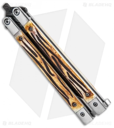 Bear Butterfly Knife W Stag Handle Damascus Blade (4" Plain) 517D - Image 3