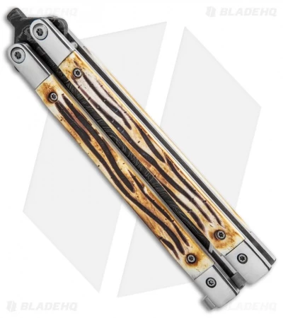 Bear Butterfly Knife W Stag Handle Damascus Blade (4" Plain) 517D - Image 2