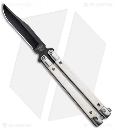Bear Butterfly Knife W/ White Smooth Bone Handle (4.25" Black) WSB17