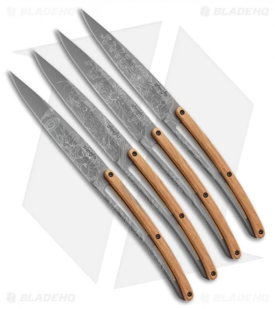 Deejo 9" Steak Knives Blossom Titanium W/ Olive Wood Handles - Set Of 4