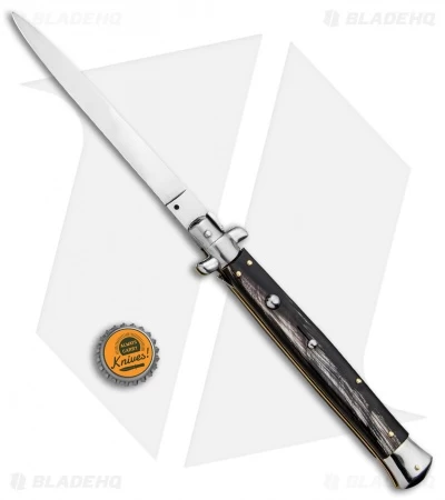 SKM 13" Italian Stiletto Flat Grind Automatic Knife Dark Horn (6" Satin) - Image 4