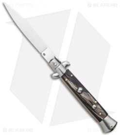 Frank B 9" Italian Stiletto Automatic Knife Dark Horn (4" Satin)