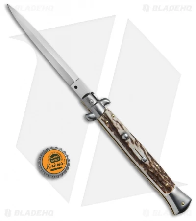 Frank B 11" Italian Stiletto Dagger Automatic Knife Stag (5" Satin) - Image 4