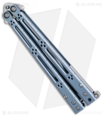 Hom Design Basilisk-R Titanium Balisong Butterfly Knife Blue Ano (4.6" Satin) - Image 3